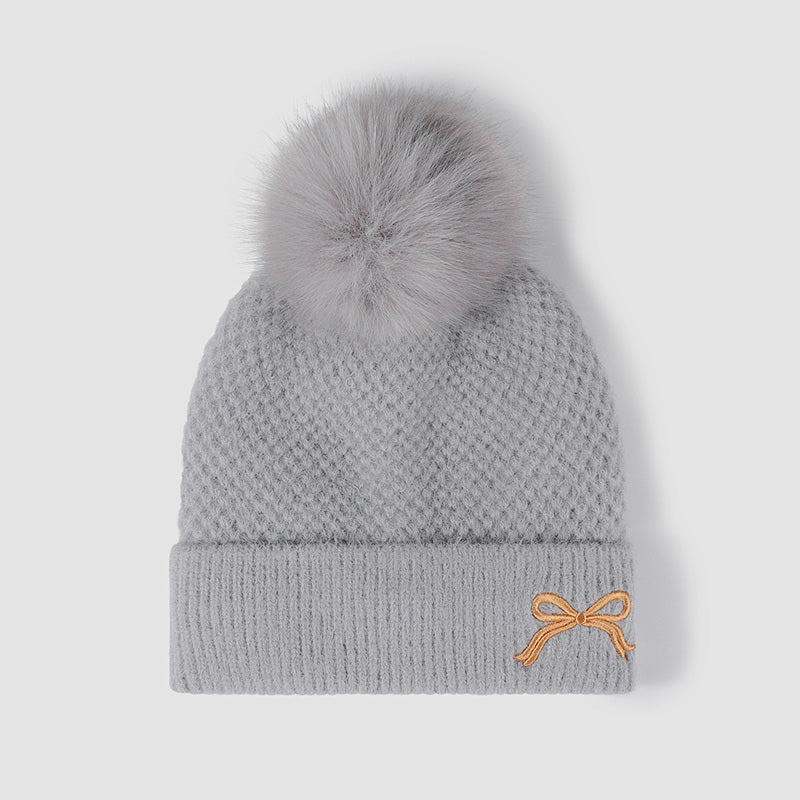 Thermal Bow Knit Hat with Pompom - Gray / One Size