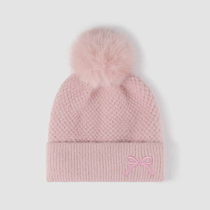 Thermal Bow Knit Hat with Pompom - Pink / One Size