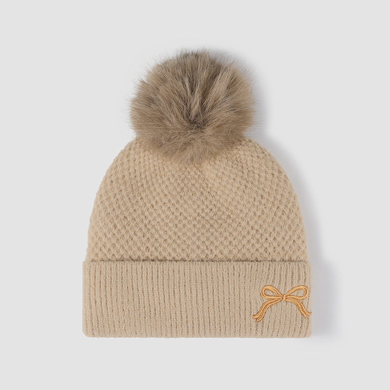 Thermal Bow Knit Hat with Pompom - Tan / One Size