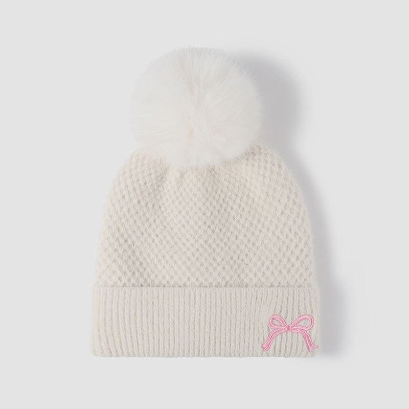 Thermal Bow Knit Hat with Pompom - White / One Size
