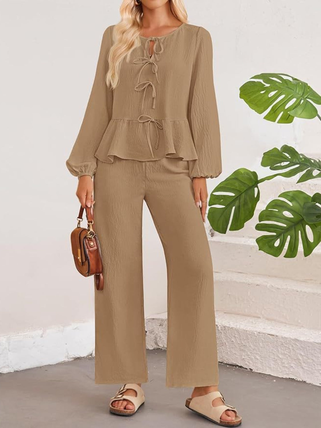 Tie Neck Balloon Sleeve Top and Pants Set - Camel / S