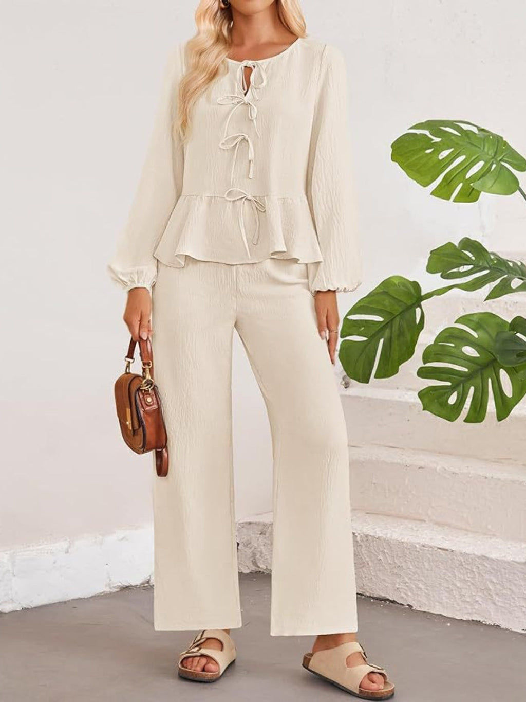Tie Neck Balloon Sleeve Top and Pants Set - Cream / S