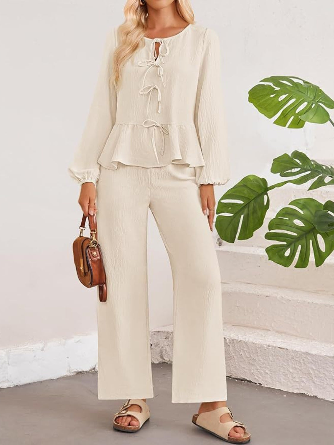 Tie Neck Balloon Sleeve Top and Pants Set - Cream / S