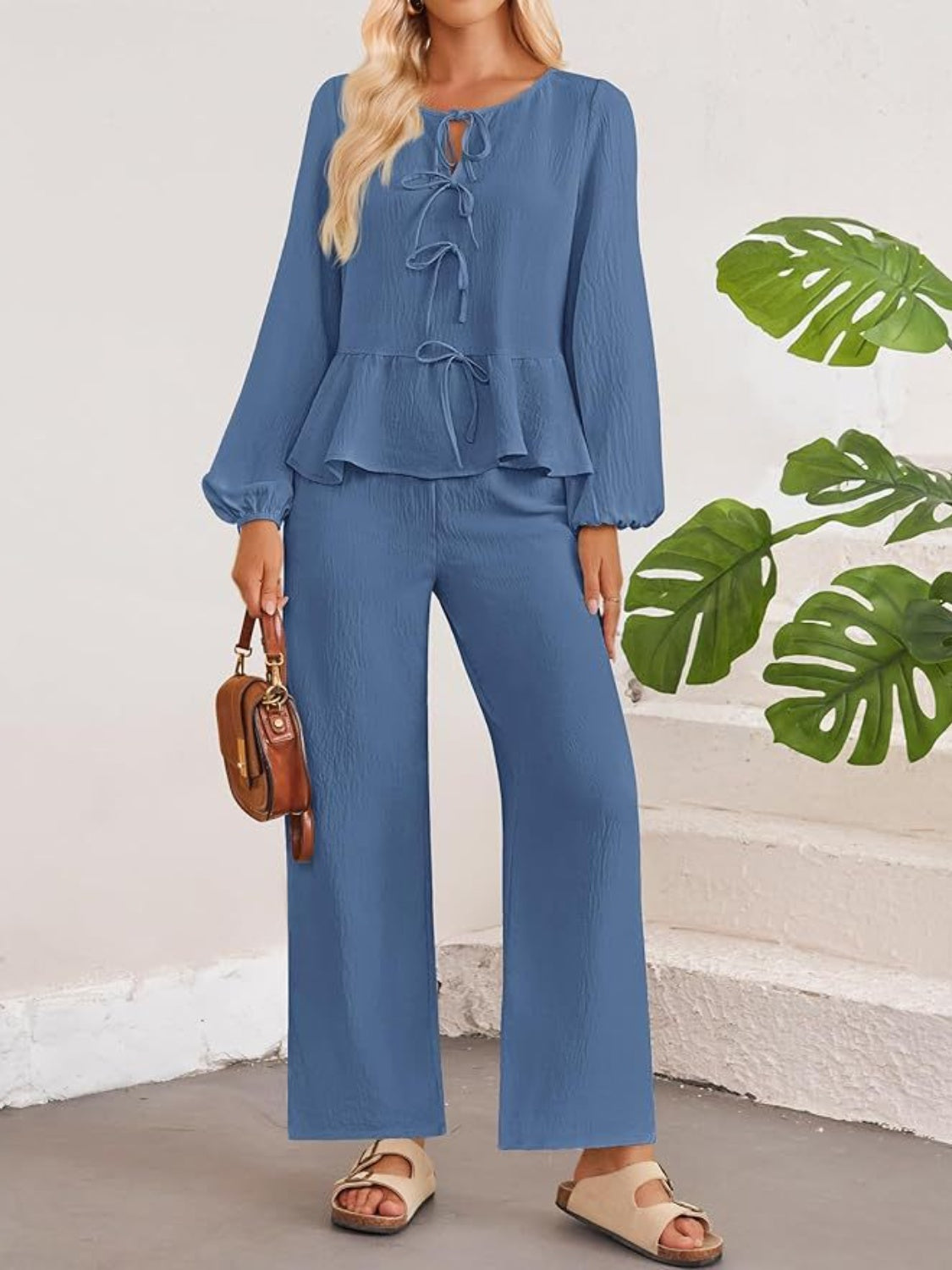 Tie Neck Balloon Sleeve Top and Pants Set - Dusty Blue / S