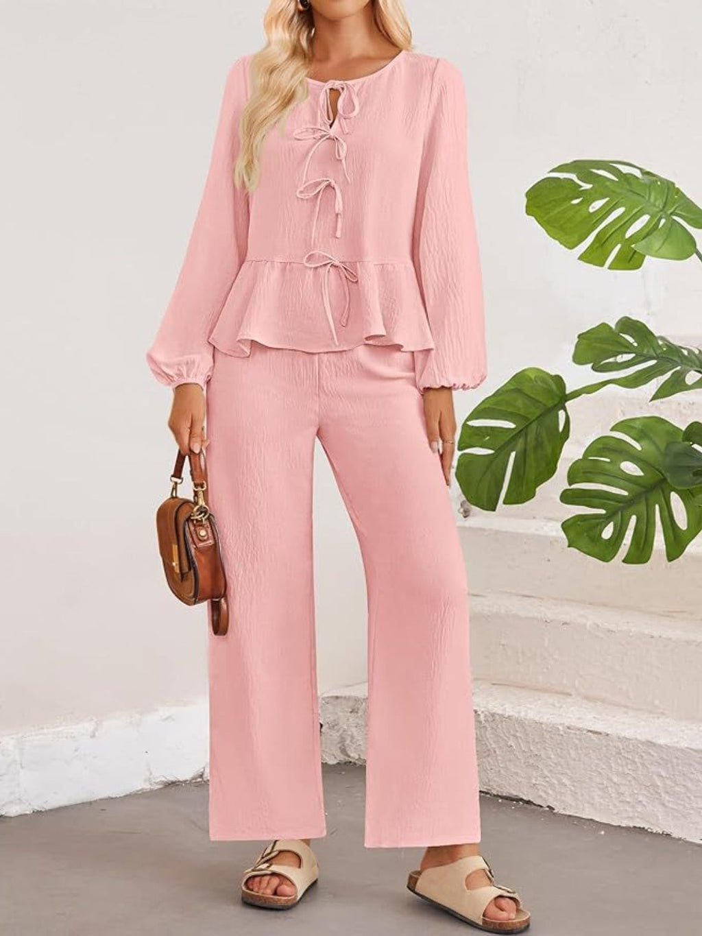 Tie Neck Balloon Sleeve Top and Pants Set - Dusty Pink / S