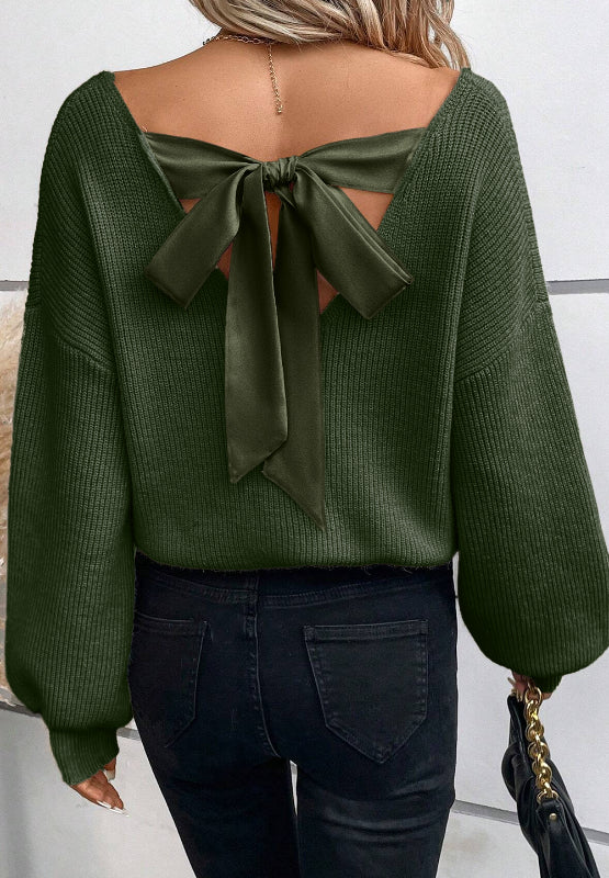 Tied Back V-Neck Long Sleeve Sweater - Dark Green / S