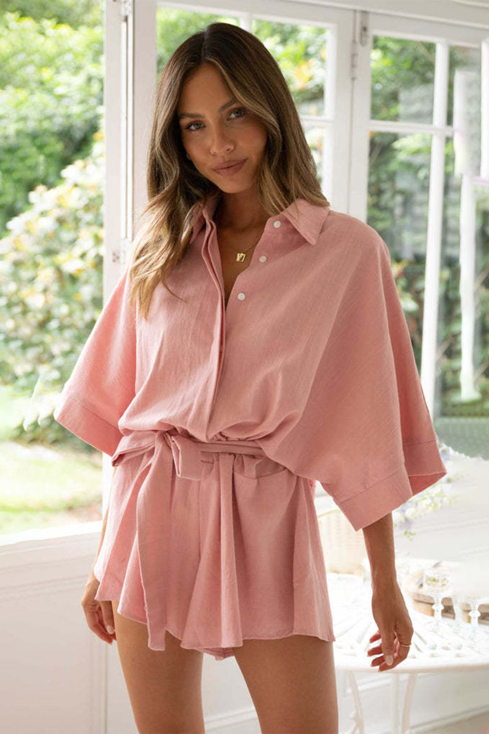 Tied Button Up Collared Neck Romper - Dusty Pink / S
