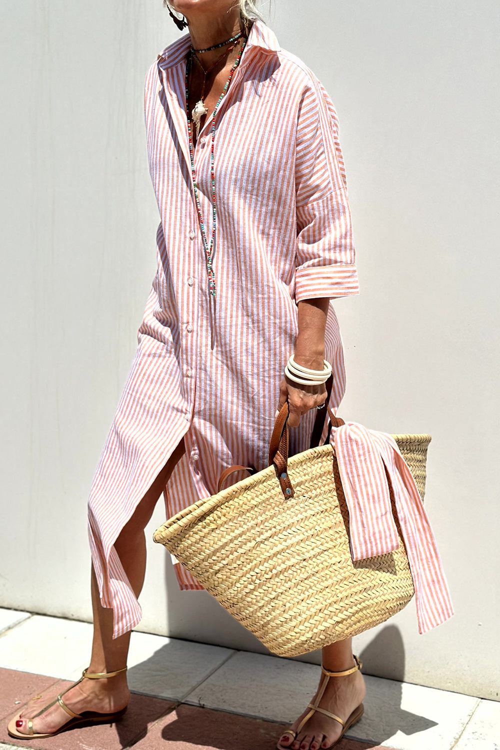 Tied Button Up Three-Quarter Sleeve Dress - Blush Pink / S