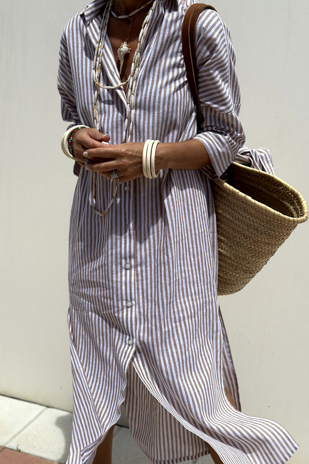 Tied Button Up Three-Quarter Sleeve Dress - Mocha / S