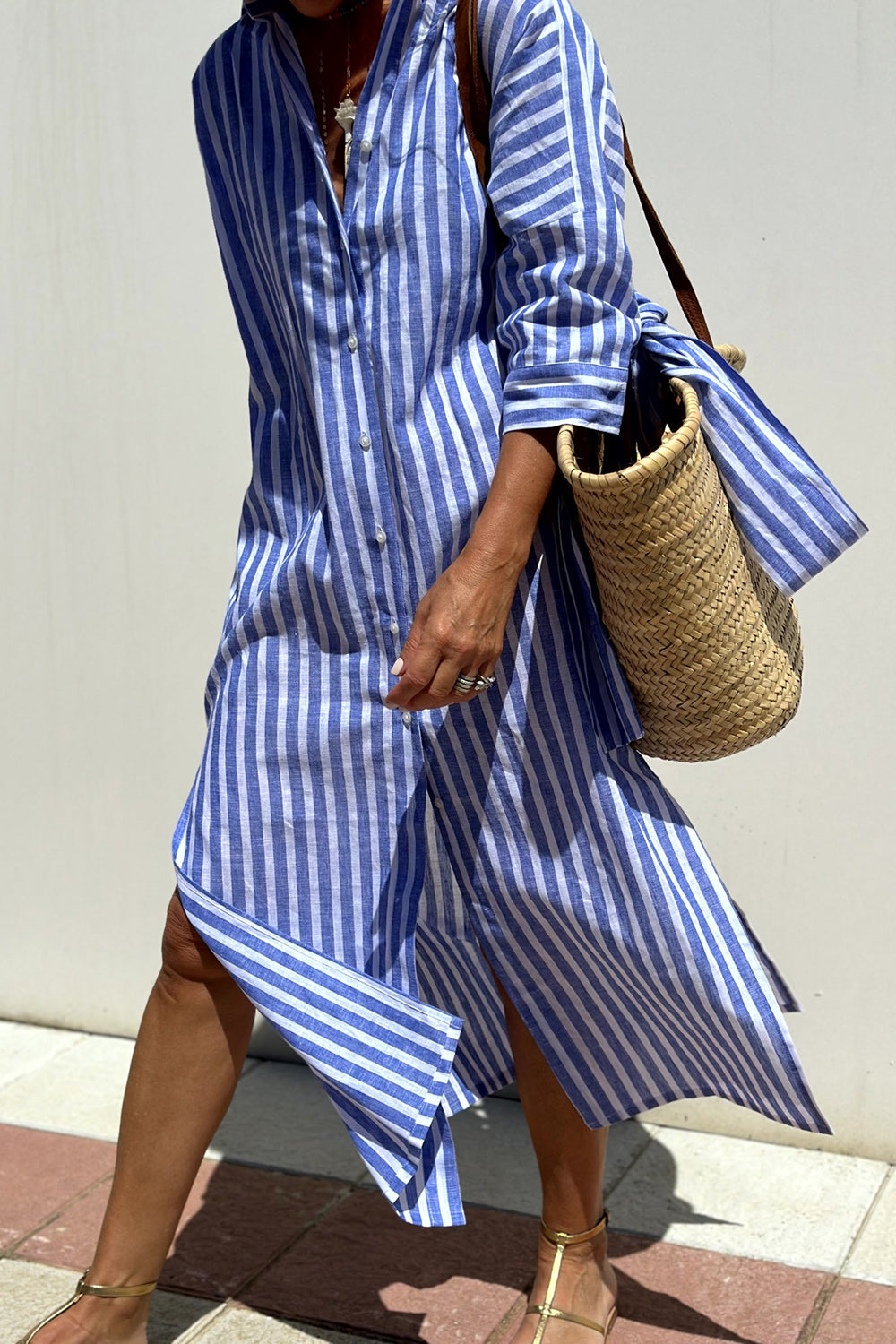 Tied Button Up Three-Quarter Sleeve Dress - Royal Blue / S