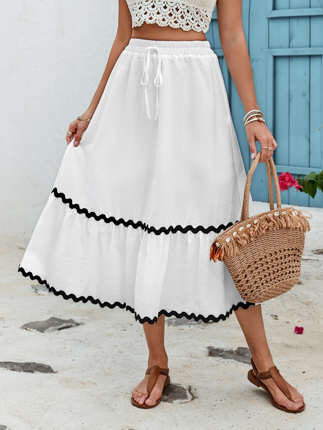 Tied Contrast Trim High Waist Skirt - White / S