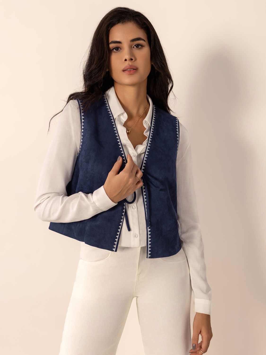 Tied Contrast Trim Vest - Dark Blue / S