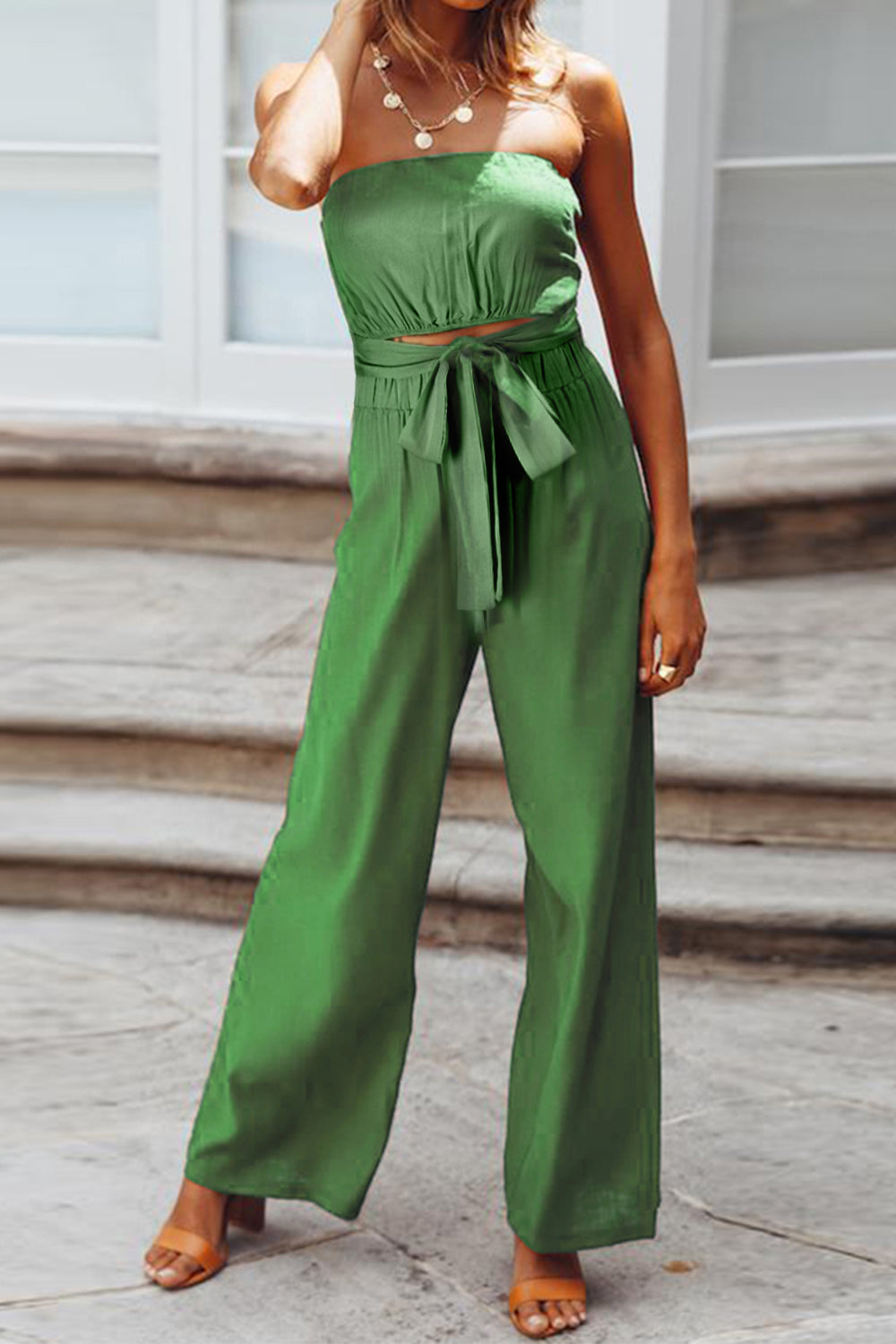 Tied Cutout Tube Wide Leg Jumpsuit - Green / S