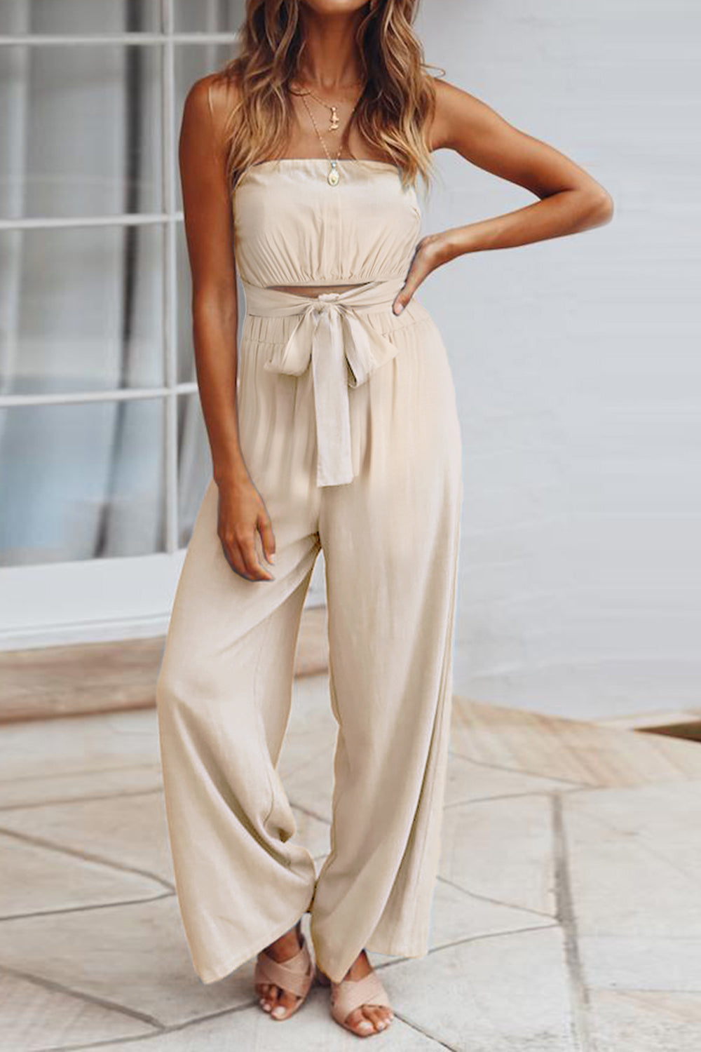Tied Cutout Tube Wide Leg Jumpsuit - Tan / S