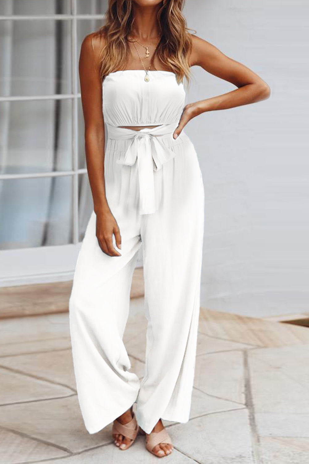 Tied Cutout Tube Wide Leg Jumpsuit - White / S