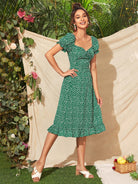 Tied Floral Short Sleeve Midi Dress - Dark Green / XS