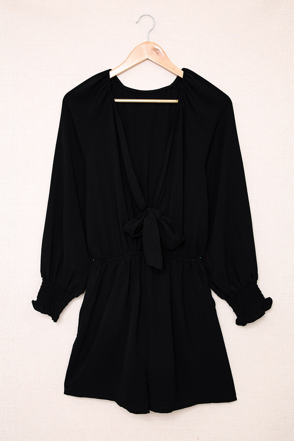 Tied Flounce Sleeve Plunge Romper - Black / S