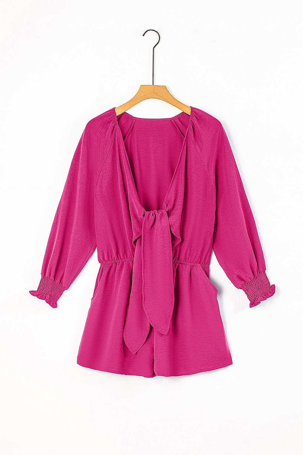 Tied Flounce Sleeve Plunge Romper - Cerise / S
