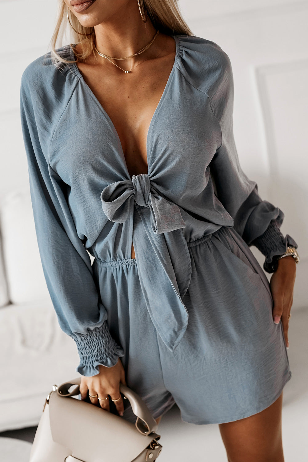 Tied Flounce Sleeve Plunge Romper - Cloudy Blue / S