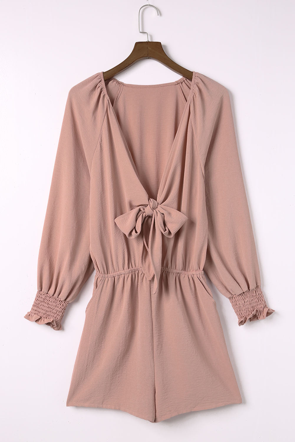 Tied Flounce Sleeve Plunge Romper - Dusty Pink / S