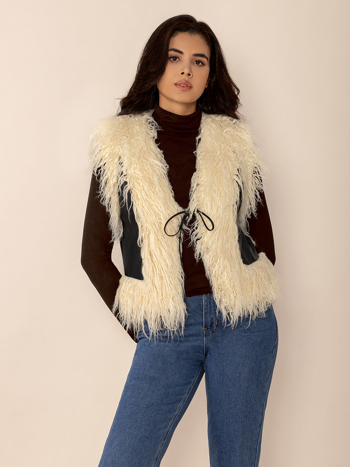 Tied Fringe Contrast Vest - Black / S