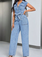 Tied Half Button Denim Jumpsuit with Pockets - Medium / XS