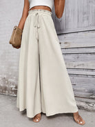 Tied High Waist Wide Leg Pants - Beige / S