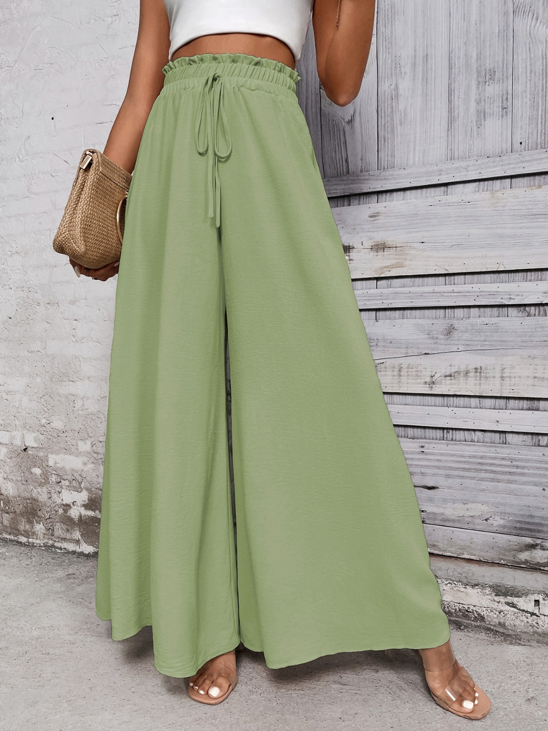 Tied High Waist Wide Leg Pants - Light Green / S