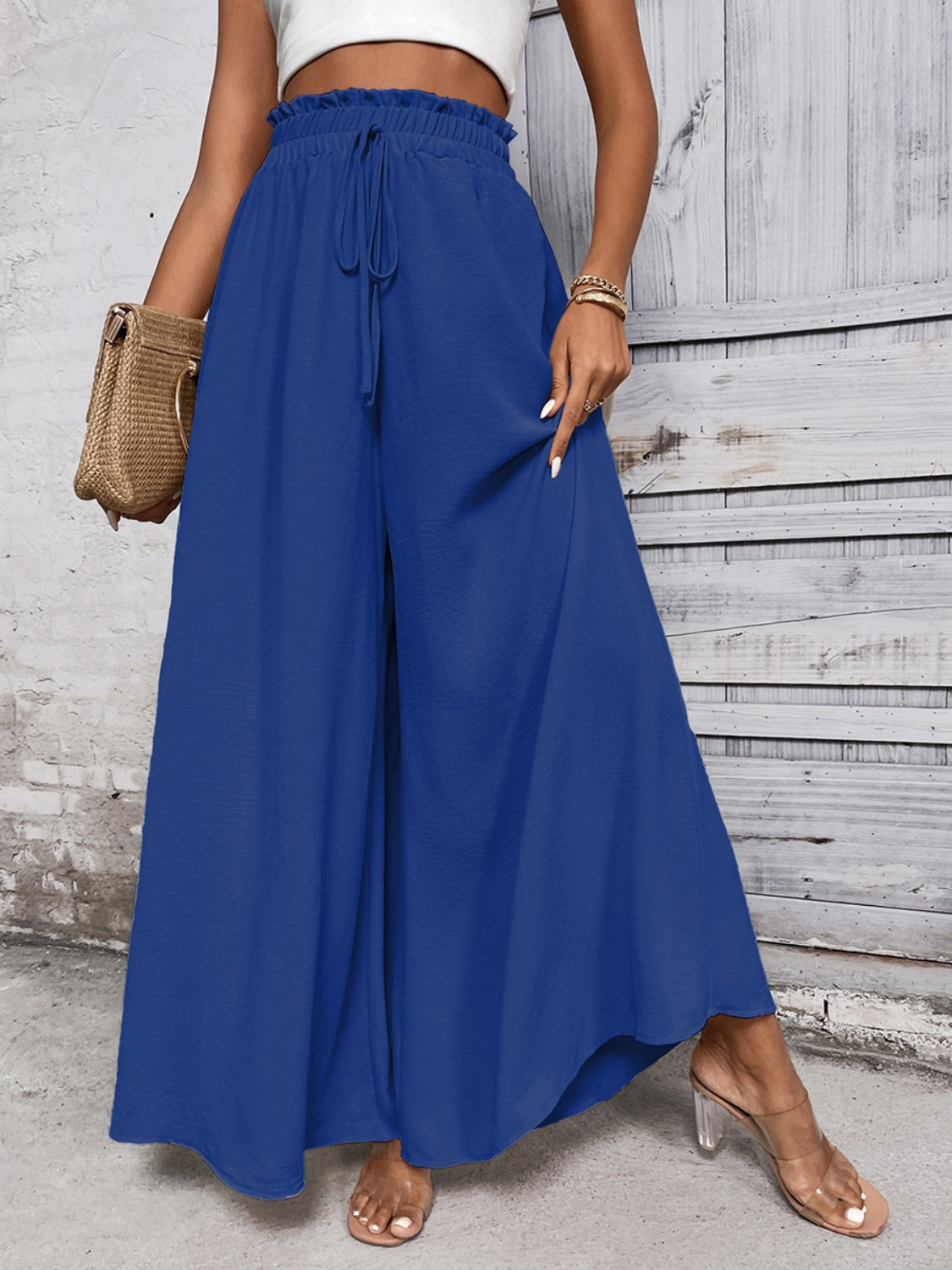 Tied High Waist Wide Leg Pants - Royal Blue / S