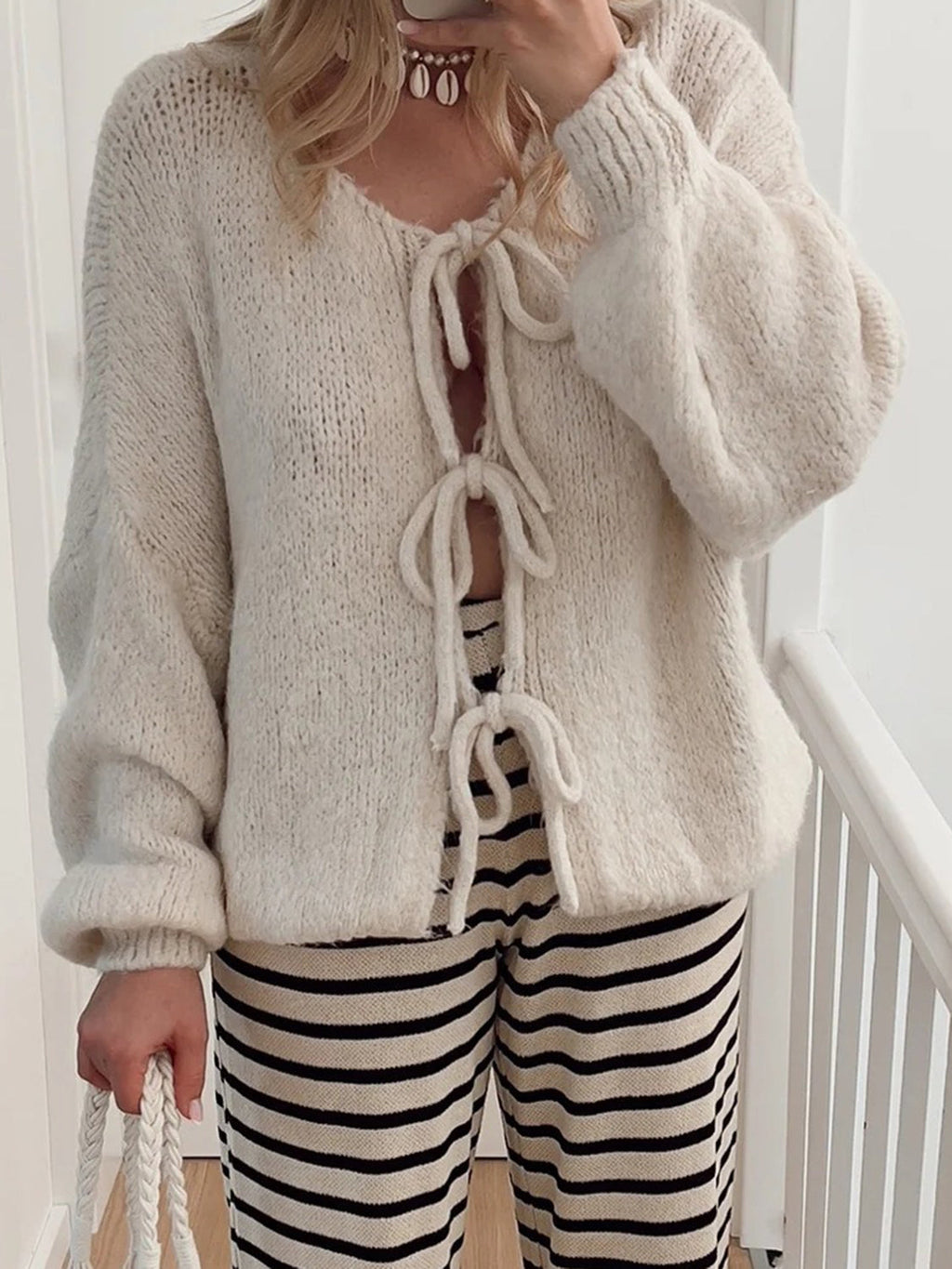 Tied Long Sleeve Dropped Shoulder Cardigan - Beige / S