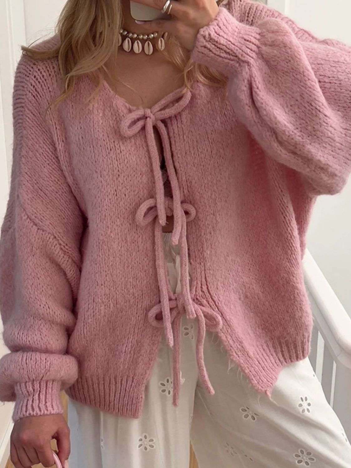 Tied Long Sleeve Dropped Shoulder Cardigan - Dusty Pink / S