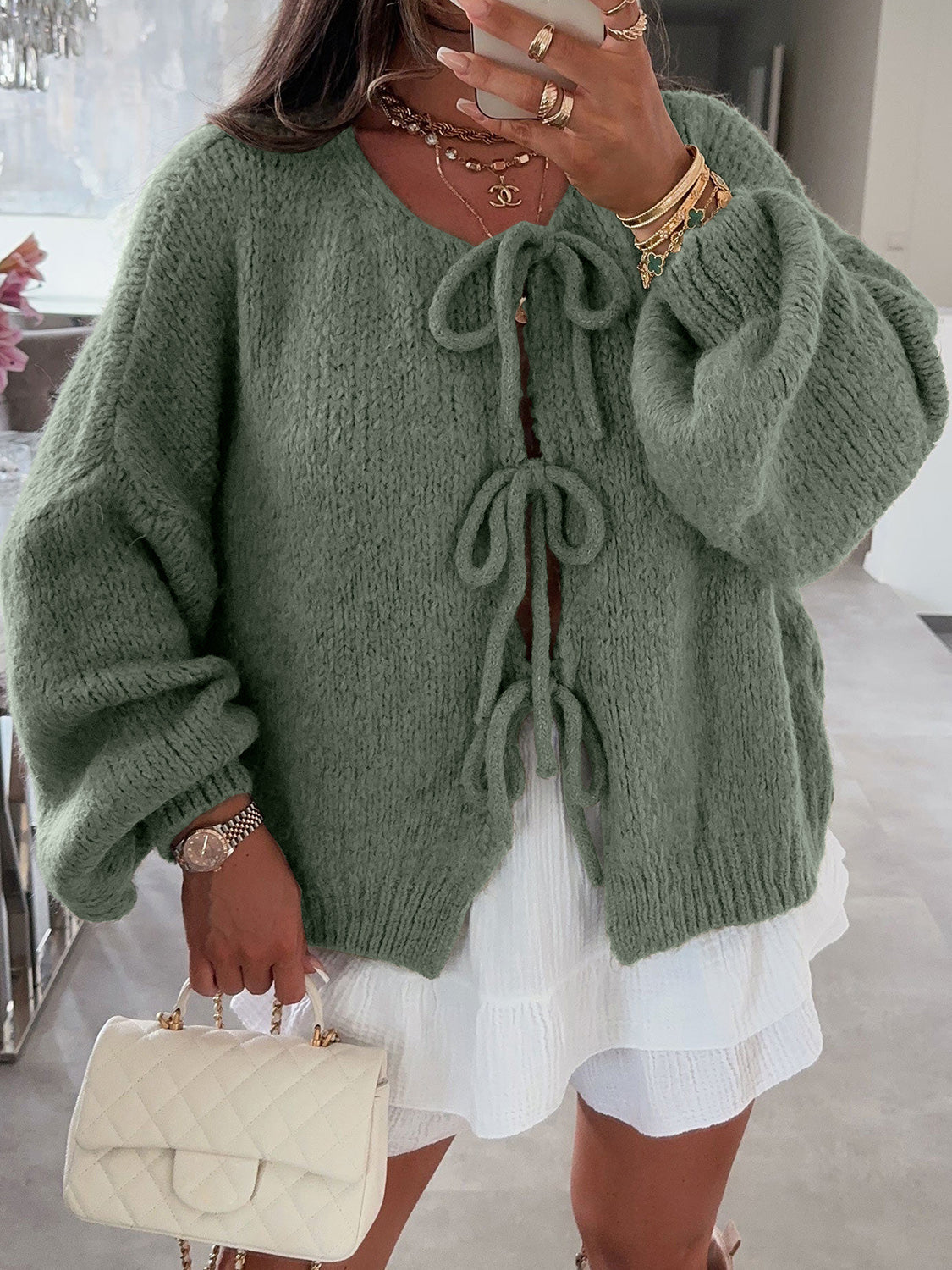 Tied Long Sleeve Dropped Shoulder Cardigan - Moss / S