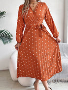 Tied Polka Dot Long Sleeve Midi Dress