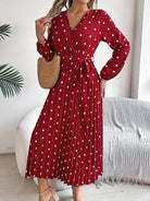 Tied Polka Dot Long Sleeve Midi Dress - Burgundy / S