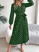 Tied Polka Dot Long Sleeve Midi Dress - Dark Green / S