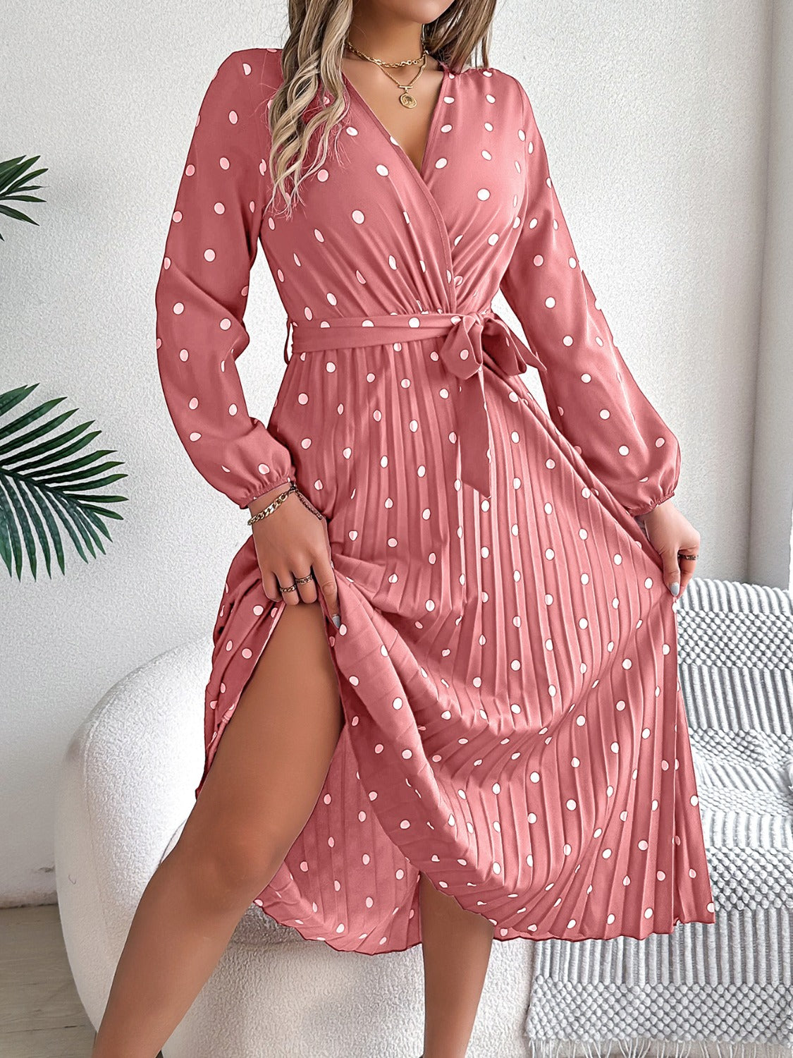 Tied Polka Dot Long Sleeve Midi Dress - Dusty Pink / S