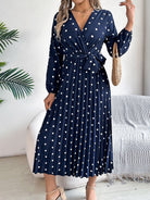 Tied Polka Dot Long Sleeve Midi Dress - Navy / S