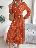 Tied Polka Dot Long Sleeve Midi Dress - Ochre / S