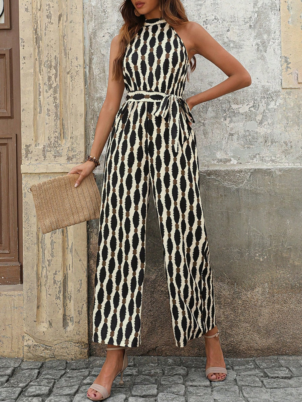 Tied Printed Grecian Neck Jumpsuit - Cream / S