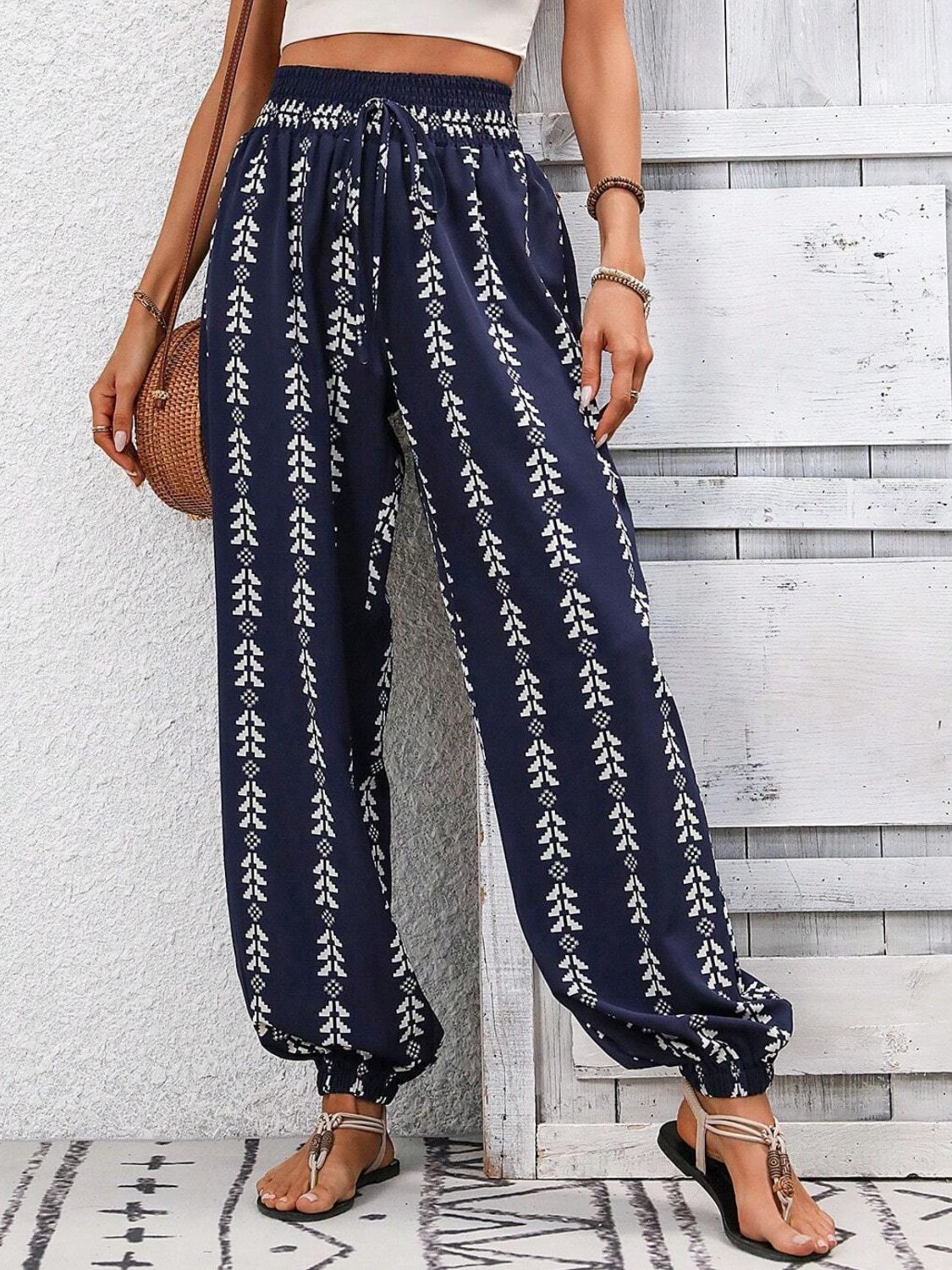 Tied Printed High Waist Pants - Dark Blue / S