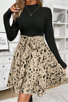 Tied Printed Mock Neck Long Sleeve Dress - Black / M