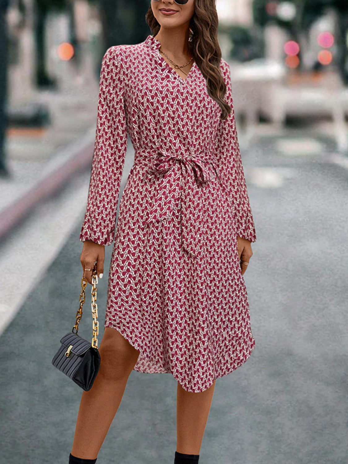 Tied Printed Notched Balloon Sleeve Dress - Deep Red / S