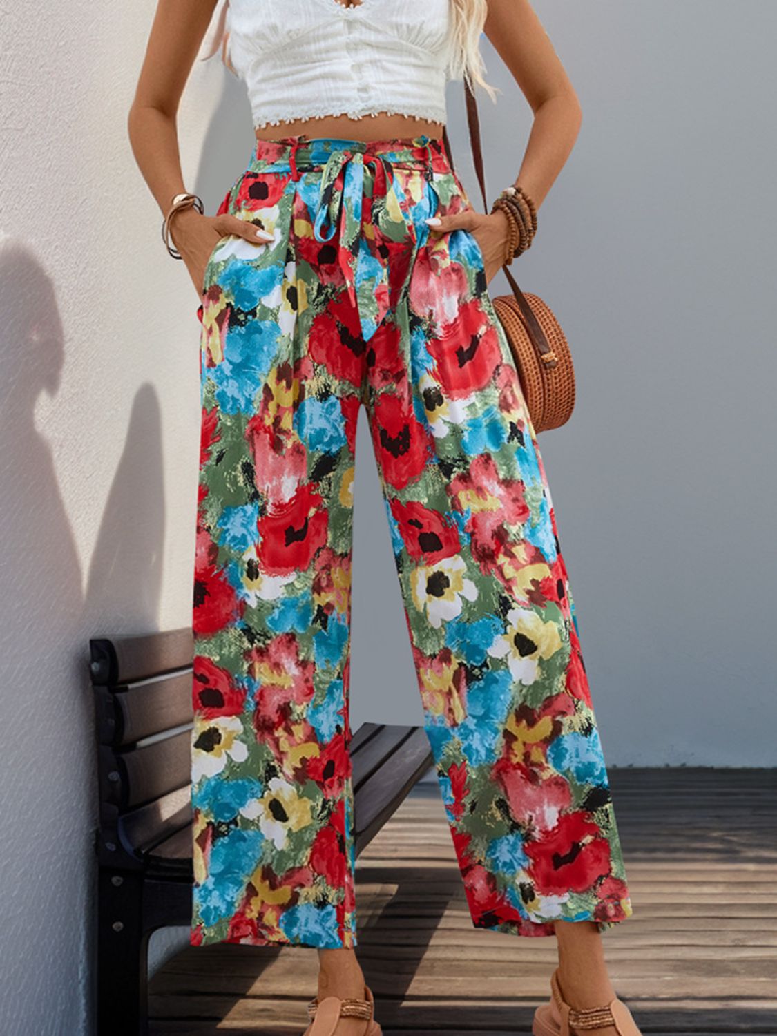 Tied Printed Wide Leg Pants