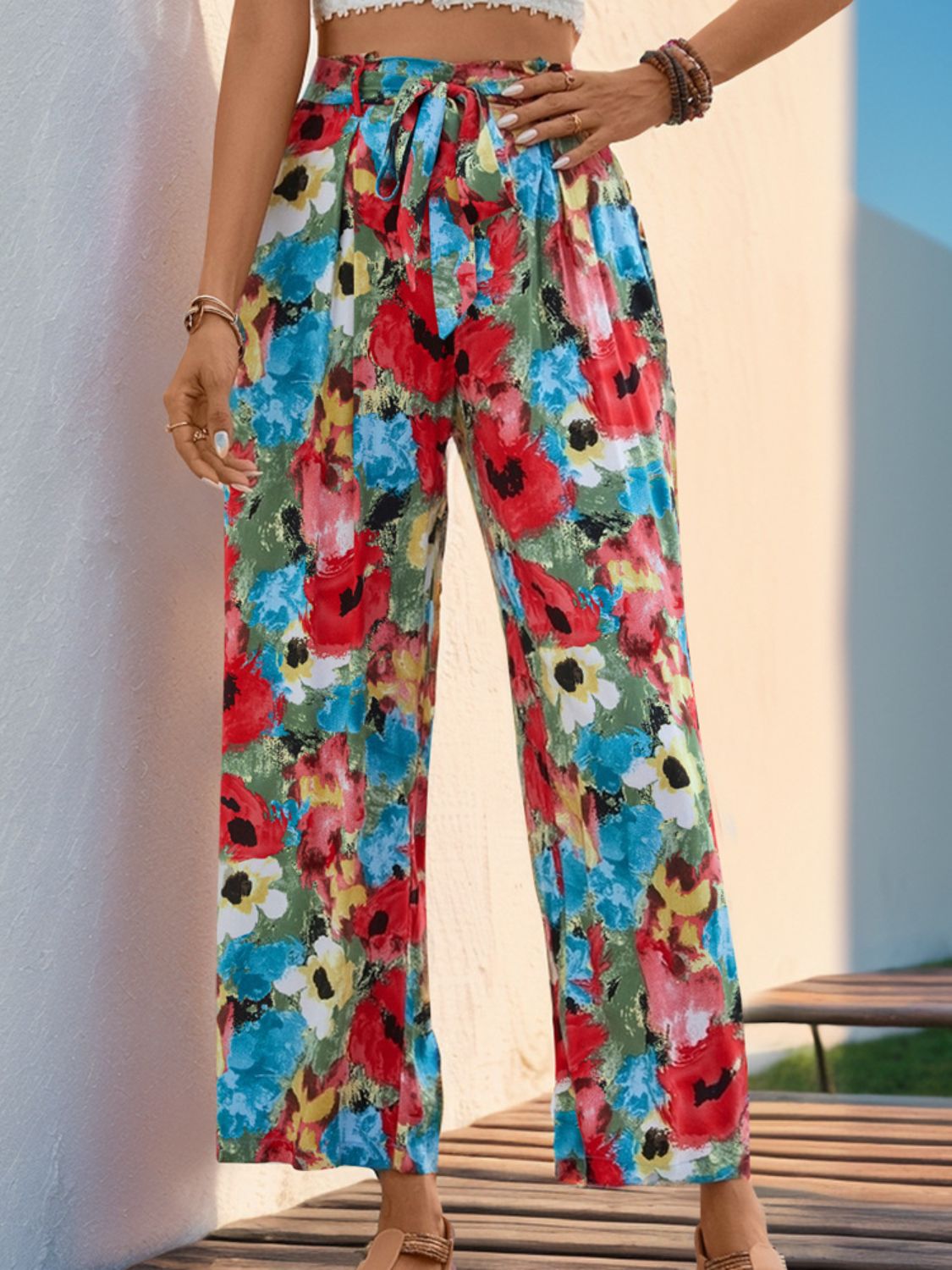 Tied Printed Wide Leg Pants - Multicolor / S