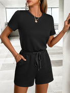 Tied Round Neck Short Sleeve Romper - Black / S