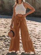 Tied Ruched Wide Leg Pants - Caramel / S