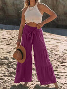 Tied Ruched Wide Leg Pants - Deep Purple / S