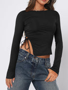 Tied Slit Round Neck Long Sleeve T-Shirt - Black / S