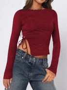 Tied Slit Round Neck Long Sleeve T-Shirt - Burgundy / S