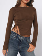 Tied Slit Round Neck Long Sleeve T-Shirt - Chocolate / S